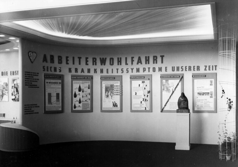 Historische Ausstellung der Arbeiterwohlfahrt mit Informationstafeln in einem Innenraum.